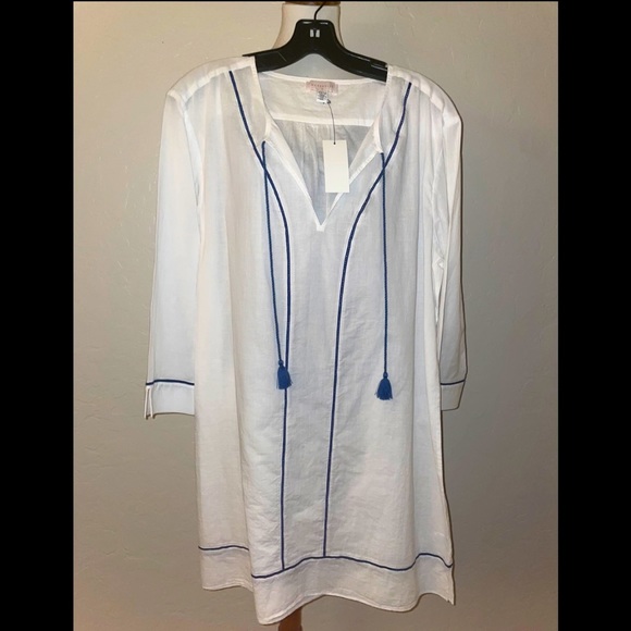 New!! Marabelle White/Navy Shirtdress Tassel Swim Coverup Size Large🤍🌊 - Picture 5 of 11